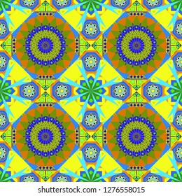 Seamless pattern in green, yellow and blue colors. Vintage mosaics. Vector illustration. Ethnic motif.