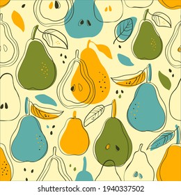 Seamless pattern with green, yellow, blue pears. Fruit background. Vector print for fabric, wallpaper, textile and more. Hand drawn Abstract pears.
