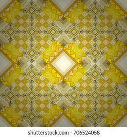 Seamless pattern in green, yellow and brown colors. Vector background with tiles and rhombus. Vector geometrical seamless ornament.