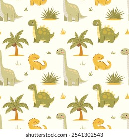Seamless pattern with green and yellow dinosaurs. Fabric swatch with dinosaurs and palm trees for kids. Vector ornament