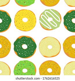 Seamless pattern green and yellow donuts with chocolate icing and crumbs food vector illustration.
