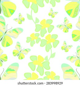 Seamless pattern with green and yellow flowers and butterflies. Endless floral background.