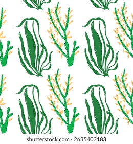 Seamless Pattern of Green and Yellow Illustrated Botanical Elements. A seamless pattern featuring stylized green and yellow botanical illustrations, creating a natural and organic aesthetic ideal 