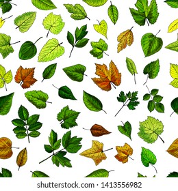 Seamless pattern green and yellow leaves on white background