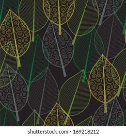 seamless pattern of green and yellow leaves painted lines on a dark background