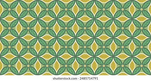 Seamless pattern of green and yellow leaves forming a circle. geometric, nature, garden, tropical, vintage, textile. Vector