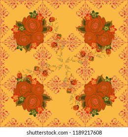 Seamless pattern with green, yellow and orange roses. Vintage pattern with indian batik style rose flowers. Floral vector background.