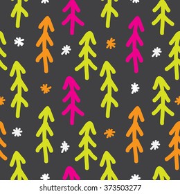 Seamless pattern with green, yellow and orange Christmas trees on gray background. Vector illustration. Hand drawn