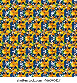 Seamless pattern with green, yellow, orange and white elements on violet background