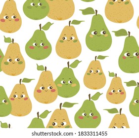 Seamless pattern of green and yellow pear fruit characters isolated on white background. Hand drawn illustration. Good for nurse textile, fabric, cloth, kids, wrapping paper, cards etc.