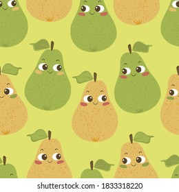 Patrón sin foco de personajes de la fruta de pera verde y amarilla aislados en fondo verde claro. Ilustración dibujada a mano. Es bueno para enfermeras textiles, tela, tela, niños, papel envolvente, tarjetas, etc.