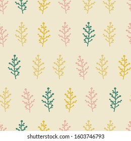 Seamless pattern with green, yellow and pink branches, plants. Cartoon kids vector background.