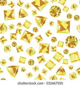 Seamless pattern with green yellow scattered precious gem Citrine from different cuts on white background. Vector illustration