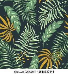 Seamless pattern with green and yellow tropical plants and leaves. Floral seamless vector tropical pattern background with exotic leaves, jungle leaf. Exotic wallpaper, Hawaiian style.