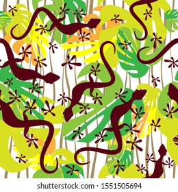 Seamless pattern. Green and yellow tropical leaves and dark red lizards on white backround. Vector graphic illustration.