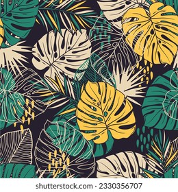 Seamless pattern with green and yellow tropical plants and leaves. Floral seamless vector tropical pattern background with exotic leaves, jungle leaf. Exotic wallpaper, Hawaiian style.