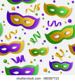 Seamless pattern with green, yellow, violet paper mask, balls and serpentine, ribbon on white backgound. Vector illustration. Mardi Gras elements for banner, holiday, party.