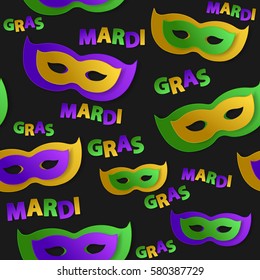 Seamless pattern with green, yellow, violet paper mask and lettering on black backgound. Vector illustration. Mardi Gras elements for banner, holiday, party.