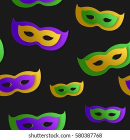 Seamless pattern with green, yellow, violet paper mask on black backgound. Vector illustration. Mardi Gras elements for banner, holiday, party.