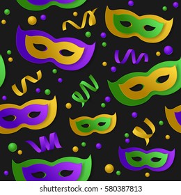 Seamless pattern with green, yellow, violet paper mask, balls and serpentine, ribbon on black backgound. Vector illustration. Mardi Gras elements for banner, holiday, party.