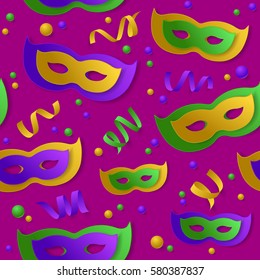 Seamless pattern with green, yellow, violet paper mask, balls and serpentine, ribbon on purple backgound. Vector illustration. Mardi Gras elements for banner, holiday, party.