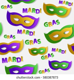 Seamless pattern with green, yellow, violet paper mask and lettering on white backgound. Vector illustration. Mardi Gras elements for banner, holiday, party.