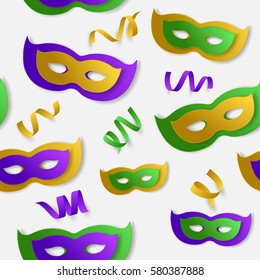 Seamless pattern with green, yellow, violet paper mask and serpentine, ribbon on white backgound. Vector illustration. Mardi Gras elements for banner, holiday, party.