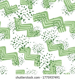 Seamless pattern with green zigzag elements and splashes. White background. Designed for textile prints, wallpaper, wrapping paper, kids clothes. Vector illustration.