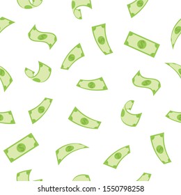 Seamless pattern of greenbacks. Throwing up cash. Green cash rain. Vector illustration.