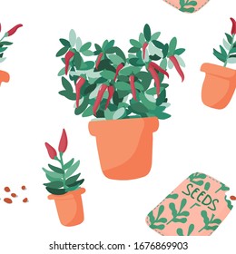 Seamless pattern with greenery in pots for urban or balcony gardening hobby for time in isolation at home. Endless background for your design.