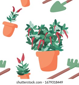 Seamless pattern with greenery in pots for urban or balcony gardening hobby for time in isolation at home. Endless background for your design.