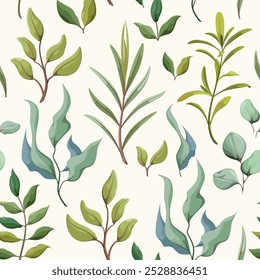 Seamless pattern with greenery, twigs and leaves. Vector illustration.