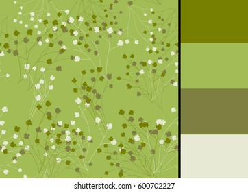 Seamless pattern with greenery, vector floral branches and color palette for wallpapers, fabric textile design, clothes, tableclothes