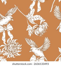 Patrón sin fisuras de jilgueros y crisantemos. Ilustración de tinta hecha a mano de crisantemos. Para el diseño de envases, tarjetas, fundas, estampados, etiquetas de productos y tejidos.