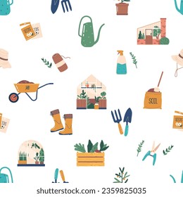 Seamless Pattern with Greenhouse and Gardening Items. Plant In Pots, Soil Sack, Seeds, And Watering Can, Wheelbarrow