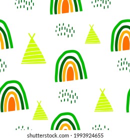 Seamless pattern with a green,red, or orange rainbow for decorating children's clothing, fabrics, and rooms. Flat doodle style. Cute illustration for printing on children's items.