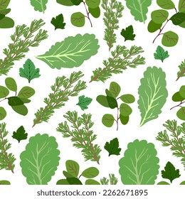 seamless pattern of greens for salads and serving on an isolated background in flat style. lettuce, rosemary, mint, oregano.Vector image.