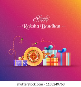 Seamless pattern greeting card design with illustration of beautiful rakhi and gift boxes for Happy Raksha Bandhan celebration.