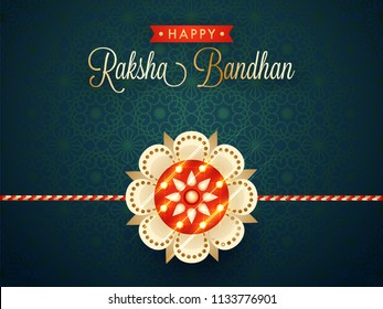 Seamless pattern greeting card design with paper cut illustration of rakhi decorated by marquee lights.