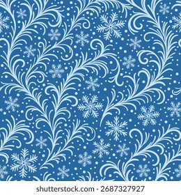 Seamless pattern for greeting cards, wrapping paper on blue winter background. 