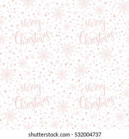 Seamless pattern with greeting Merry Christmas on the background of falling snowflakes. Vector illustration.
