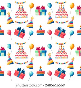 Seamless pattern greetings card design with birthday cake balloons and gift boxes vector illustration on white background