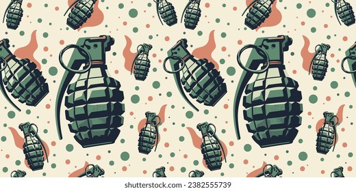 Patrón sin foco con granada en llamas. Textura de moda. Resumen del fondo interminable moderno para tela e impresión textil de moda.