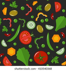Seamless pattern. Grey background with vegetables. Fresh salad, organic food. Vector illustration, flat style