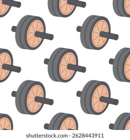 Seamless pattern with grey and beige manual roller wheel on white background. Abs training. Home and gym sport equipment for abdominal muscles. Ab gymnastic roller. Vector flat illustration