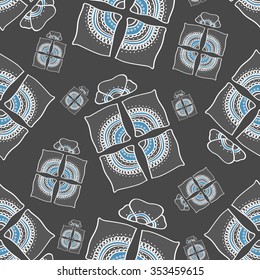 Seamless pattern grey and blue ornamental present box