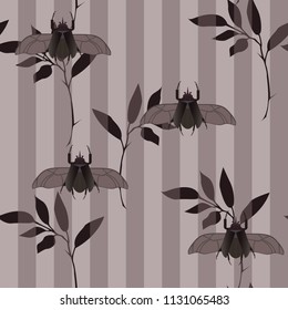 Seamless pattern with grey bugs and leaves