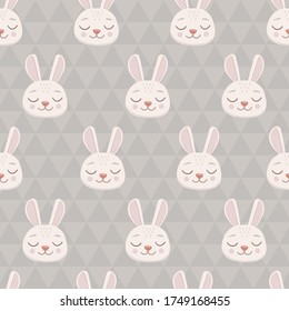 Seamless pattern with grey bunny head face with closed eyes. Cute cartoon funny character on a triangular background. Pet baby print collection. Happy valentines day. Scandinavian style.