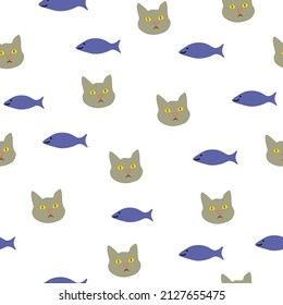 Seamless pattern  grey cats and and blue fish on white background. vector design eps 10