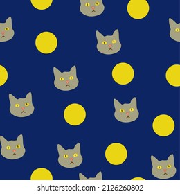 Seamless pattern  grey cats and glowing  moon on blue background. vector design eps 10